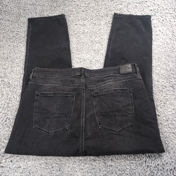 American Eagle Jeans Women 16 Black Mom Jean High Rise Distressed Stretch Denim - Picture 1 of 9